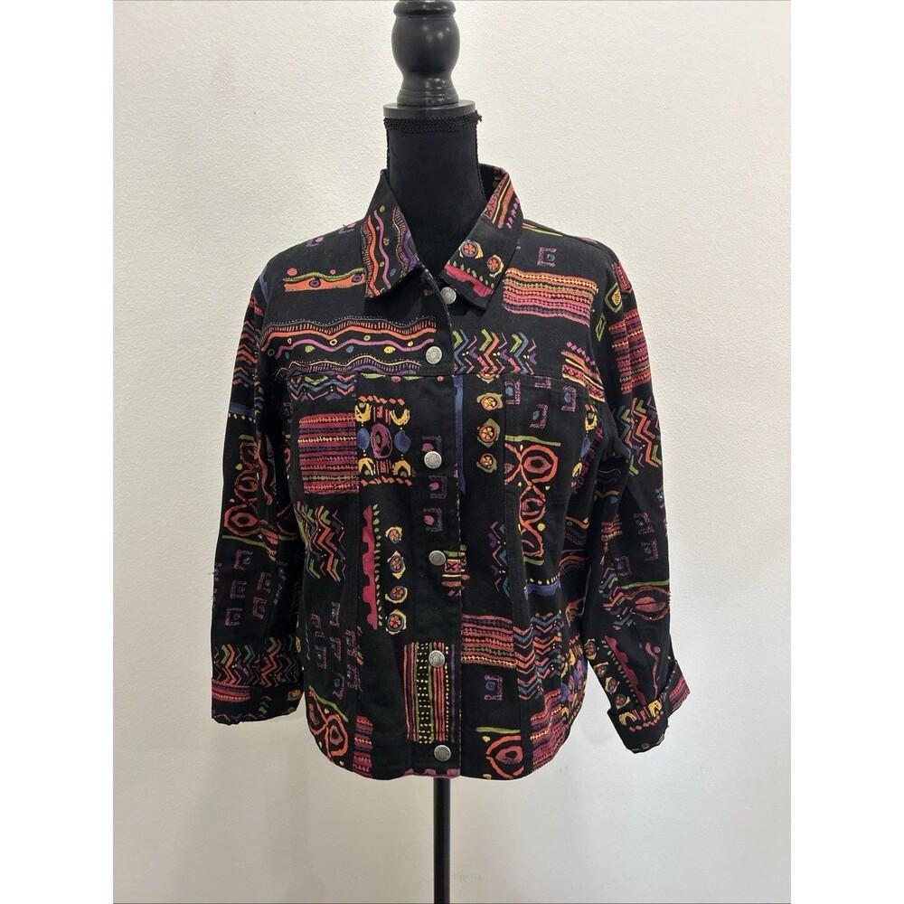 Chicos Design  Sz 2 US L  Multi Color Jacket Embellished Boho Artsy Snap Front